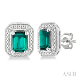 6X4 MM Octagon Shape Lab-Created Emerald and 1/50 Ctw Round Cut Diamond Precious Earrings in Sterling Silver