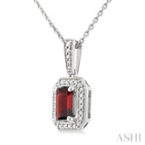 7X5 MM Octagon Shape Garnet and 1/50 Ctw Round Cut Diamond Semi-Precious Pendant With Chain in Sterling Silver