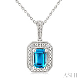7X5 MM Octagon Shape Blue Topaz and 1/50 Ctw Round Cut Diamond Semi-precious Pendant With Chain in Sterling Silver