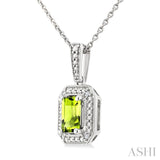 7X5 MM Octagon Shape Peridot and 1/50 Ctw Round Cut Diamond Semi-Precious Pendant With Chain in Sterling Silver
