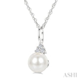 6 MM Cultured White Pearl and 1/50 Ctw Round Cut Diamond Fashion Pendant With Chain in 10K White Gold