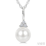 6 MM Cultured White Pearl and 1/50 Ctw Round Cut Diamond Fashion Pendant With Chain in 10K White Gold