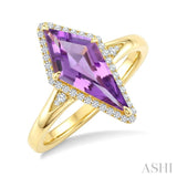 16X7 MM Evoque Gemstones Kite Shape Amethyst and 1/6 Ctw Round Cut Diamond Semi-Precious Ring in 10K Yellow Gold