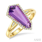 16X7 MM Evoque Gemstones Shield Shape Amethyst and 1/6 Ctw Round Cut Diamond Semi-Precious Ring in 10K Yellow Gold