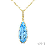 22X8 MM Evoque Gemstones Pear Shape Blue Topaz and 1/4 Ctw Round Cut Diamond Semi-Precious Pendant With Chain in 14K Yellow Gold