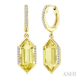 14X6 MM Evoque Gemstones Hexagon Shape Lemon Quartz and 1/5 Ctw Round Cut Diamond Semi-Precious Earrings in 14K Yellow Gold