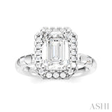 1/3 Ctw Akari Emerald Shape Baguette and Round Cut Diamond Halo Semi Mount Engagement Ring in 14K White Gold