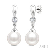 6 MM White Cultured Pearl and 1/20 Ctw Round Cut Diamond Earrings in 10K White Gold
