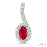 5x3 MM Hanging Arm Oval Cut Ruby and 1/6 Ctw Round Cut Diamond Precious Earring in 10K White Gold