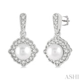 6 MM Cultured Pearl and 1/4 Ctw Round Cut Diamond Halo Earrings in 10K White Gold