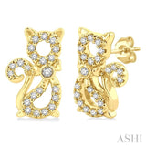 1/8 Ctw Petite Cat Motif Round Cut Diamond Fashion Stud Earrings in 10K Yellow Gold