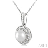 7 MM Cultured Pearl and 1/50 Ctw Round Cut Diamond Halo Pendant With Chain in Sterling Silver