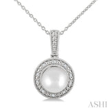 7 MM Cultured Pearl and 1/50 Ctw Round Cut Diamond Halo Pendant With Chain in Sterling Silver