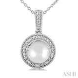 7 MM Cultured Pearl and 1/50 Ctw Round Cut Diamond Halo Pendant With Chain in Sterling Silver