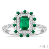 6X4 MM Emerald Shape & 1.5 MM Round Cut Emerald and 1/3 Ctw Round Cut Diamond Floral Precious Ring in 14K White Gold