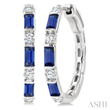 4X2 MM Baguette Cut Sapphire and 1/3 Ctw Art Deco Round Cut Diamond Precious Hoop Earrings in 14K White Gold