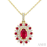 6X4 MM Oval Cut & 1.55 MM Round Cut Ruby and 1/4 Ctw Round Cut Diamond Floral Precious Pendant With Chain in 14K Yellow Gold