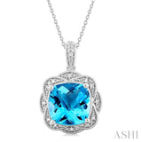 10X10 MM Cushion Shape Blue Topaz and 1/20 ctw Round Cut Diamond Semi-Precious Pendant With Chain in Sterling Silver