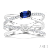 5x3 MM Emerald Shape Sapphire and 1/4 Ctw Round Cut Diamond Double Criss Cross Lovebright Precious Ring in 10K White Gold