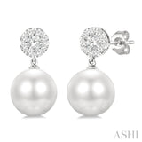 7 MM Cultured White Pearl and 1/4 Ctw Disc Top Lovebright Round Cut Diamond Fashion Earrings in 14K White Gold