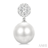 7 MM Cultured White Pearl and 1/4 Ctw Disc Top Lovebright Round Cut Diamond Fashion Earrings in 14K White Gold
