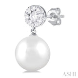 7 MM Cultured White Pearl and 1/4 Ctw Disc Top Lovebright Round Cut Diamond Fashion Earrings in 14K White Gold