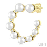 2.8 - 4.5 MM Round Shape Cultured Pearls and 1/5 Ctw Graduated Round Cut Diamond Half Hoop Earrings in 14K Yellow Gold