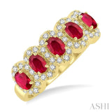 4x3 MM Oval Cut Ruby and 1/3 Ctw Round Cut Diamond Precious Wedding Band in 14K Yellow Gold