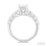 1 1/3 ctw Emerald Shape Round Cut Diamond Semi Mount Engagement Ring in 14K White Gold