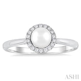 5 MM White Cultured Pearl and 1/20 Ctw Round Cut Diamond Halo Ring in 14K White Gold