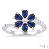 4X3 MM Pear Cut Floral Blossom Sapphire and 1/5 Ctw Round Cut Diamond Bypass Precious Ring in 14K White Gold