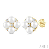 3 MM Floral Round Shape Cultured Pearl and 1/20 Ctw Round Cut Diamond Fashion Stud Earring in 10K Yellow Gold