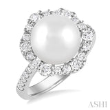10 MM Cultured Pearl and 3/4 Ctw Hexagon Shape Round Cut Diamond Ring in 14K White Gold