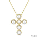 3 MM Round Shape Cultured Pearl and 1/4 Ctw Round Cut Diamond Cross Pendant With Chain in 14K Yellow Gold