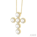 3 MM Round Shape Cultured Pearl and 1/4 Ctw Round Cut Diamond Cross Pendant With Chain in 14K Yellow Gold