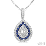 1.25 MM & 1.45 MM Pear Shape Sapphire and 1/4 Ctw Baguette and Round Cut Diamond Precious Pendant With Chain in 14K White Gold