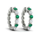 14 KT White Gold Diamond and Emerald  Twist Hoop Earrings