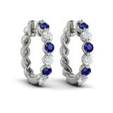 14 KT White Gold Diamond and Blue Sapphire  Twist Hoop Earrings