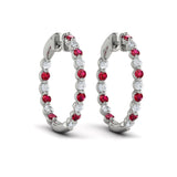 14 KT White Gold Inside Out Diamond and Ruby  Hoop Earrings
