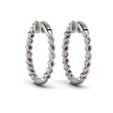 14 KT White Gold Inside Out Diamond and Ruby  Hoop Earrings