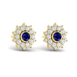 14 KT Yellow Gold Diamond Star Cluster and Blue Sapphire Stud Statement Earrings
