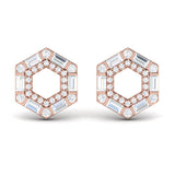 14 KT Rose Gold Diamond Baguette Double Row Open Honeycomb Stud Earrings