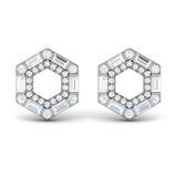 14 KT White Gold Diamond Baguette Double Row Open Honeycomb Stud Earrings