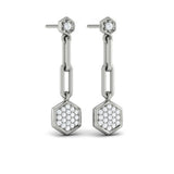 14 KT White Gold Diamond Honeycomb Link Long Drop Statement Earrings