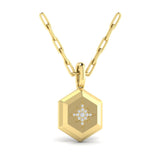 14 KT Yellow Gold Center Starburst Diamond and Bezel Hexagon Pendant Necklace
