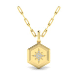 14 KT Yellow Gold Center Starburst Diamond and Bezel Hexagon Pendant Necklace