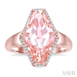 16X10 MM Evoque Gemstones Hexagon Shape Morganite and 1/10 Ctw Round Cut Diamond Halo Semi-Precious Ring in 14K Rose Gold