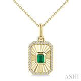 4X3 MM Octagon Shape Emerald and 1/8 Ctw Round Cut Diamond Pirouette Precious Fluted Medallion Pendant in 10K Yellow Gold with Chain