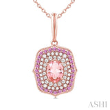 7x5 MM Oval Cut Morganite, 1.25 MM Pink Sapphire and 1/3 Ctw Round Cut Diamond Halo Precious and Semi-Precious Pendant With Chain in 14K Rose Gold