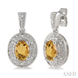 Silver Oval Shape Gemstone & Diamond Earrings